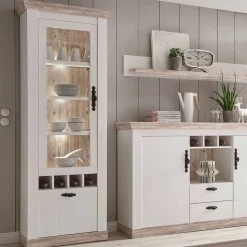 Landhaus Wohnmöbel Set mit Sideboard Nedita in Weiß mit Pinie Shabby (vierteilig)