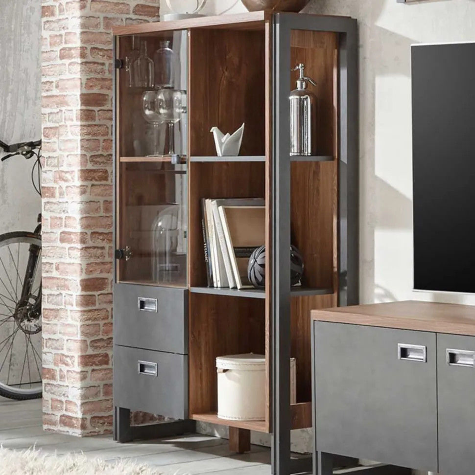 Loft Design Highboard im Eiche dunkel Dekor und Schwarz - Rompira