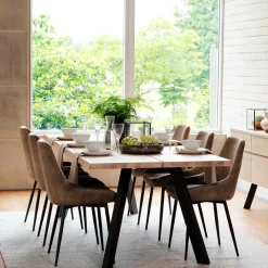 Loft Tisch Eiche White Wash & 6 Stühle Pulva in Braun Microfaser (siebenteilig)