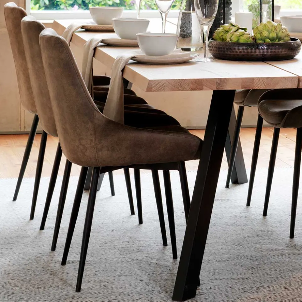 Loft Tisch Eiche White Wash & 6 Stühle Pulva in Braun Microfaser (siebenteilig)