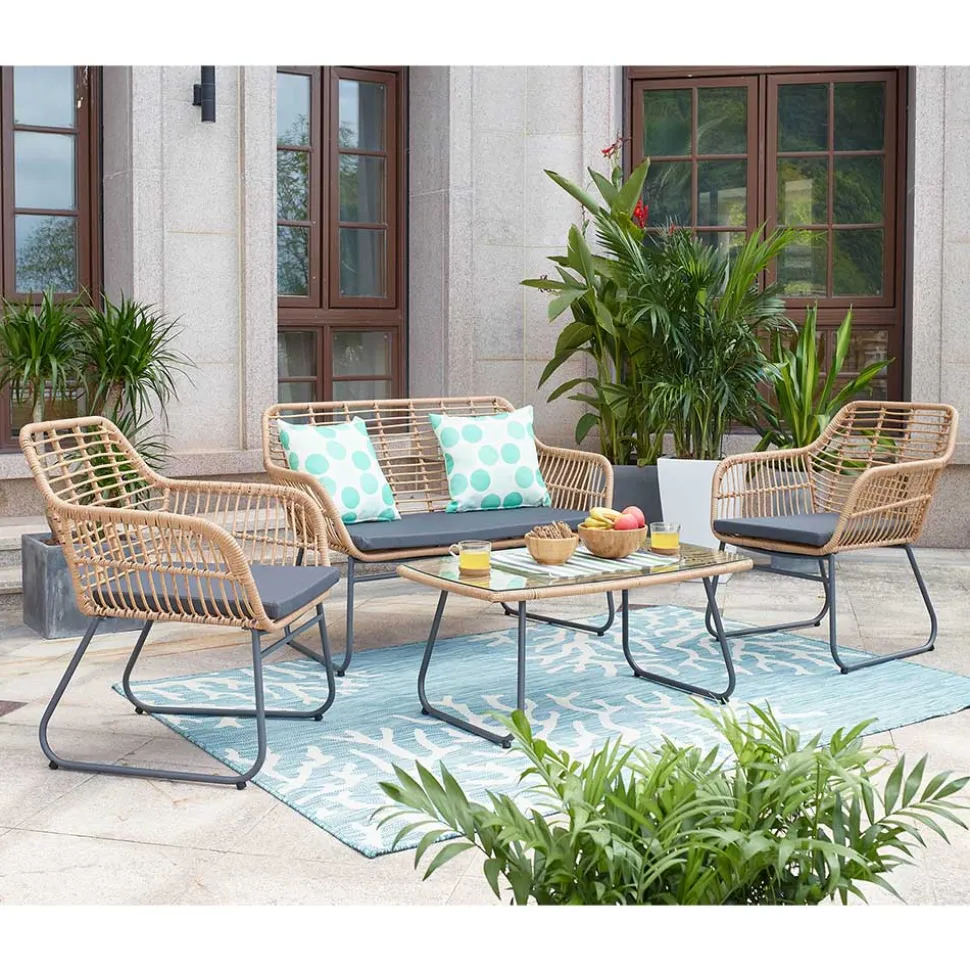 Lounge Sitzgruppe aus Geflecht in Beige - Renzo (vierteilig)