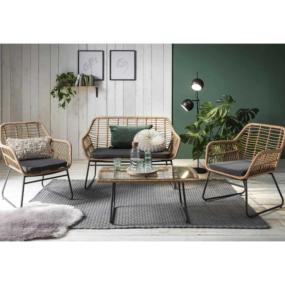 Lounge Sitzgruppe aus Geflecht in Beige - Renzo (vierteilig)