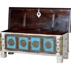Massivholztruhe in Antikweiß mit Blau Bronze Braun - Eskuladra