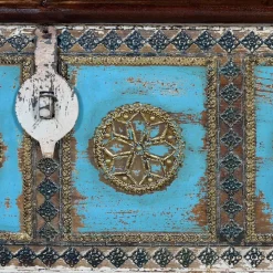 Massivholztruhe in Antikweiß mit Blau Bronze Braun - Eskuladra