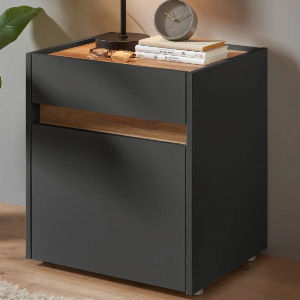 Nachtschrank in Anthrazit und Wildeiche Dekor - Ahilav