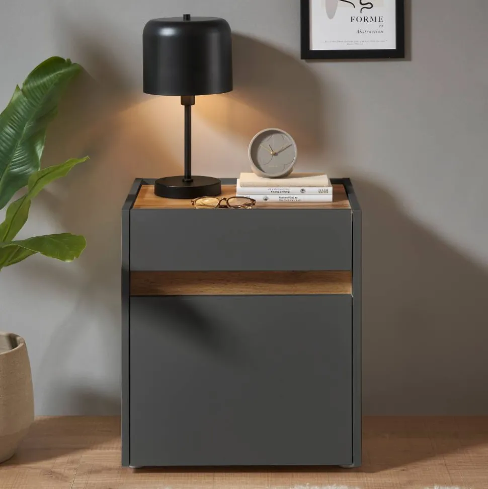 Nachtschrank in Anthrazit und Wildeiche Dekor - Ahilav