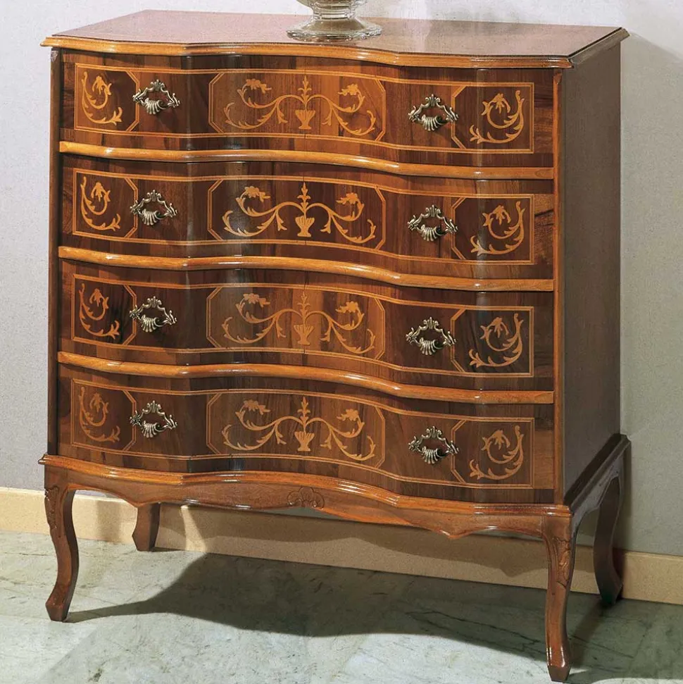 Nussbaumfarbene Kommode mit Intarsien Agosto mit 4 Schubladen