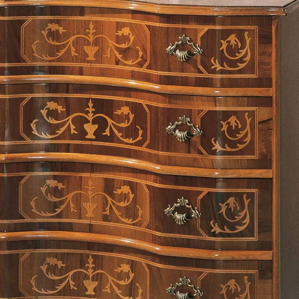 Nussbaumfarbene Kommode mit Intarsien Agosto mit 4 Schubladen