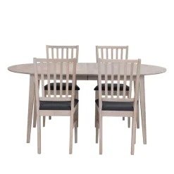 Ovaler Esstisch Eiche White Wash & 4 Stühle Pessoa mit Webstoff Grau (fünfteilig)