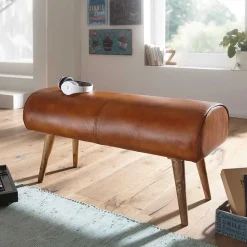 Polsterbank mit Ledersitz in Cognac Braun - Tonas