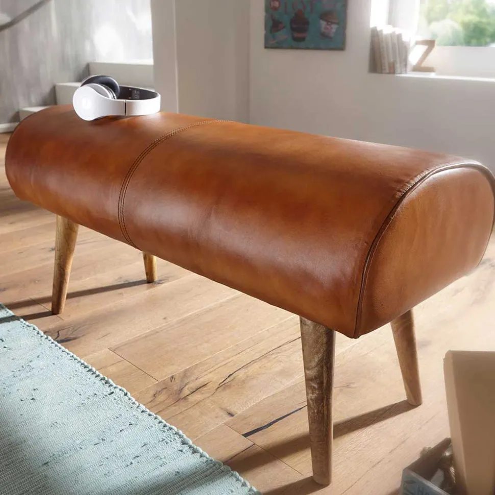 Polsterbank mit Ledersitz in Cognac Braun - Tonas