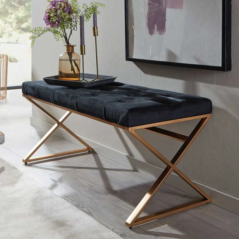 Polsterbank mit X-Füßen in Schwarz Samt - Felda