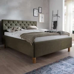Polsterbett in Oliv Grün & Eiche - Miania