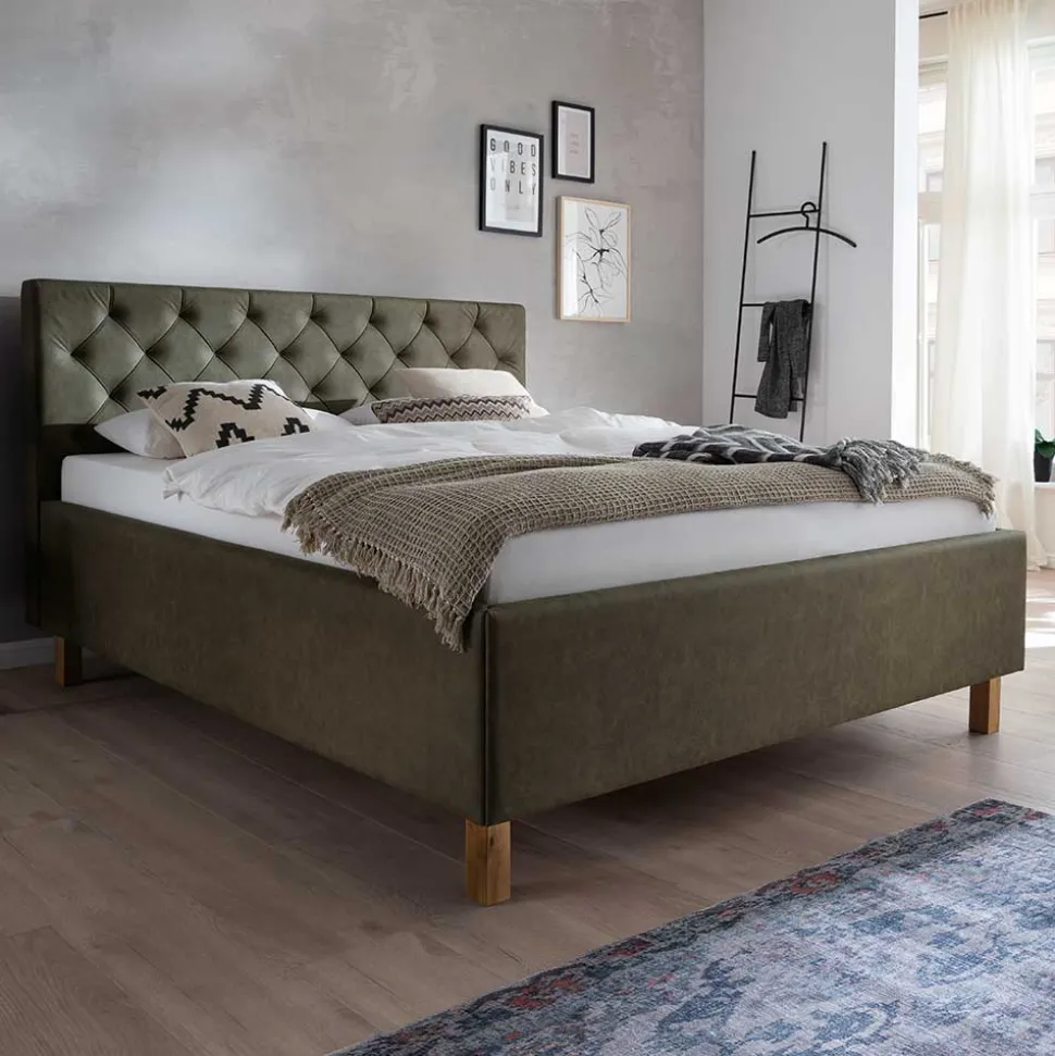 Polsterbett in Oliv Grün & Eiche - Miania