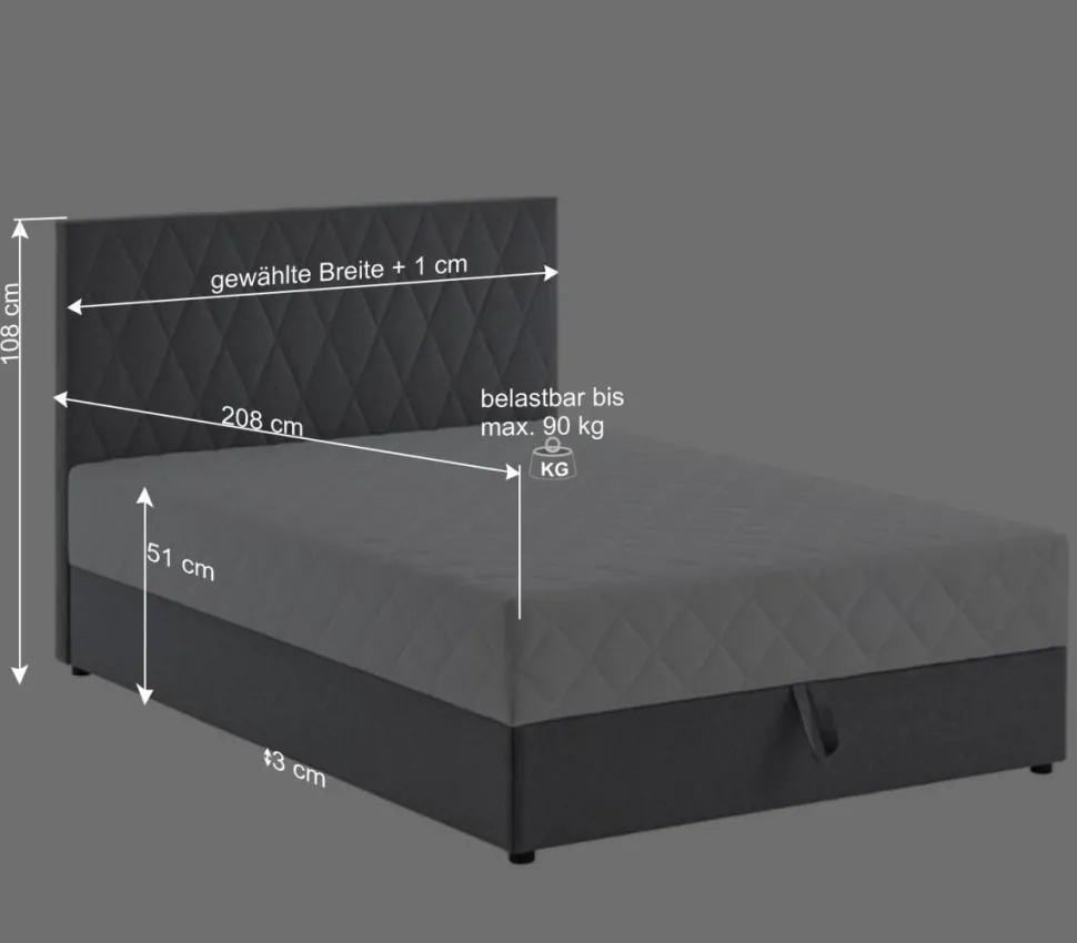 Polsterbett mit Matratze H2 und Bettkasten - Marianne