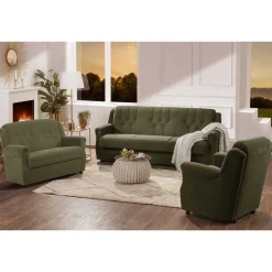 Polstergarnitur in Dunkelgrün Flockstoff - Ramira (dreiteilig)