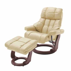 Relax Sessel mit Leder in Creme & Gestell Walnuss Hermine inkl. Hocker (zweiteilig)