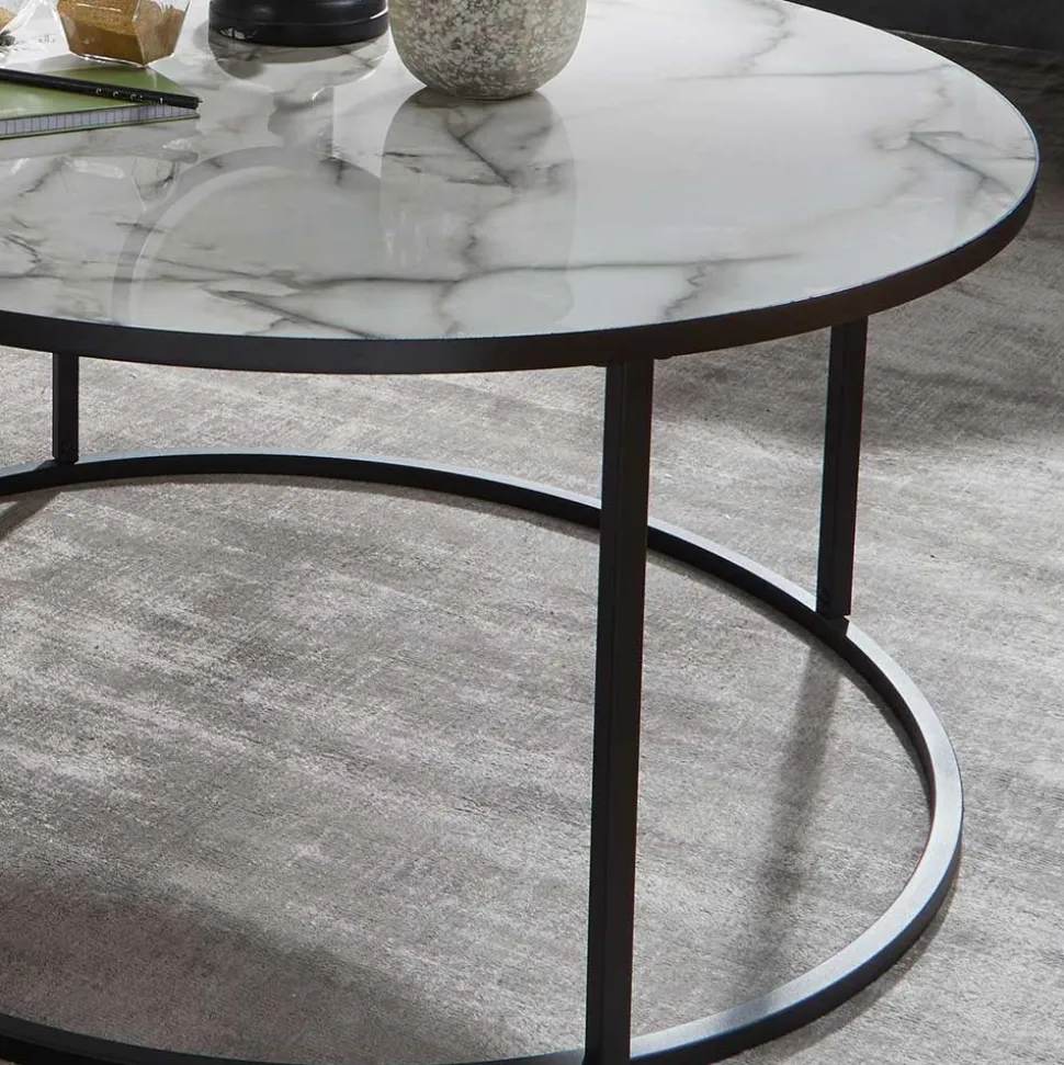 Runder Hochglanz Wohnzimmertisch in Marmoroptik - Domi