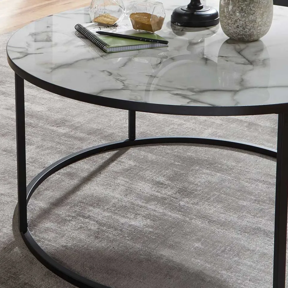 Runder Hochglanz Wohnzimmertisch in Marmoroptik - Domi