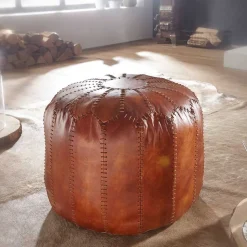 Runder Lederhocker in Cognac Braun - Fernandez