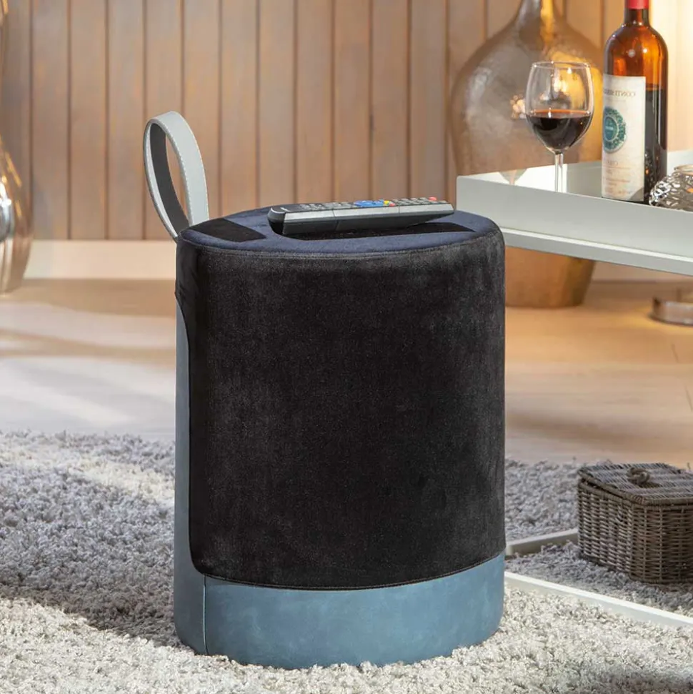 Runder Polsterhocker in Hellgrau & Schwarz - Paleara