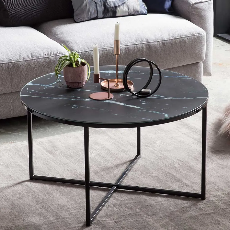 Runder Wohnzimmer Glastisch in Marmor Schwarz - Adiana