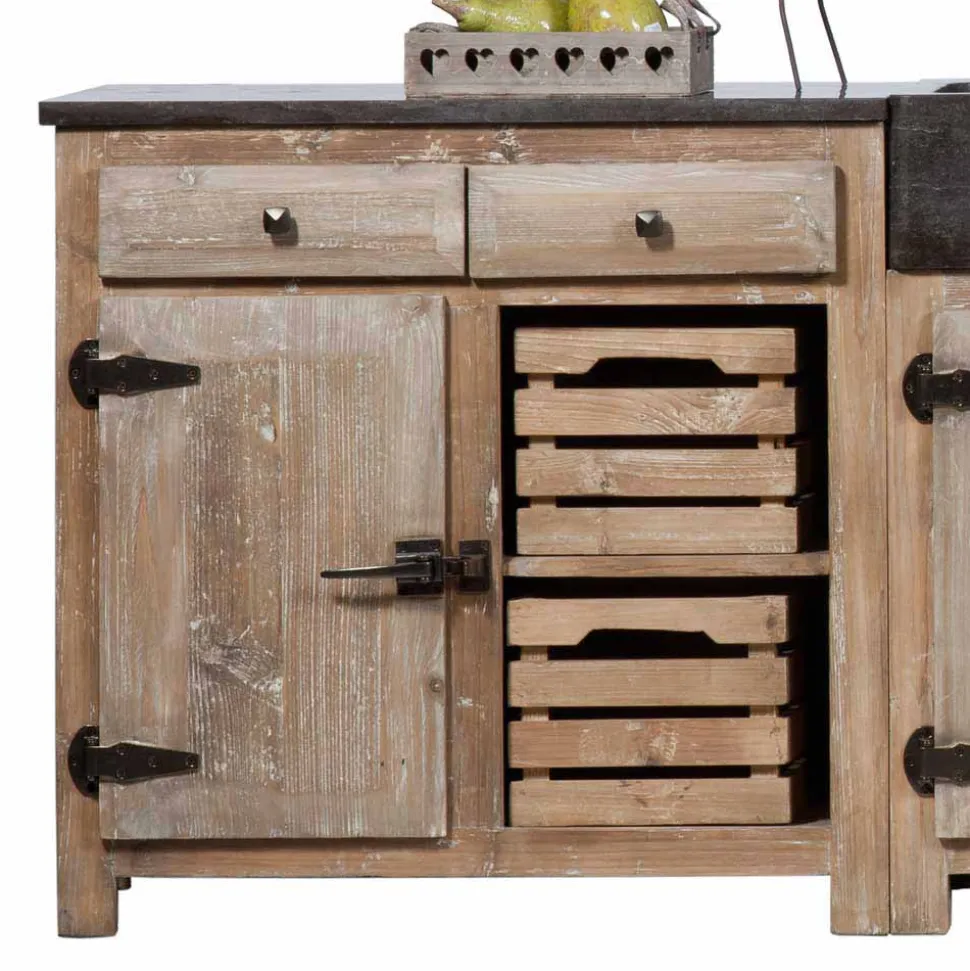 Rustikale Küchenzeile aus Recyclingholz Pinie Ashvills & Naturstein (vierteilig)