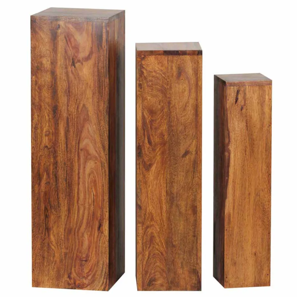 Rustikales Holz Pflanzensäulen Set Hoslo aus Sheesham massiv (dreiteilig)