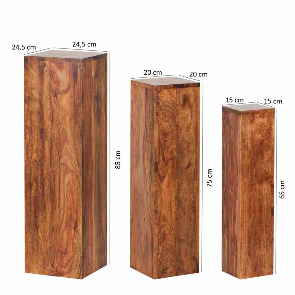 Rustikales Holz Pflanzensäulen Set Hoslo aus Sheesham massiv (dreiteilig)