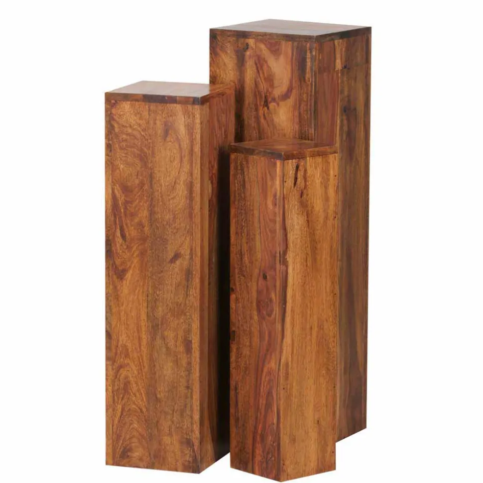Rustikales Holz Pflanzensäulen Set Hoslo aus Sheesham massiv (dreiteilig)