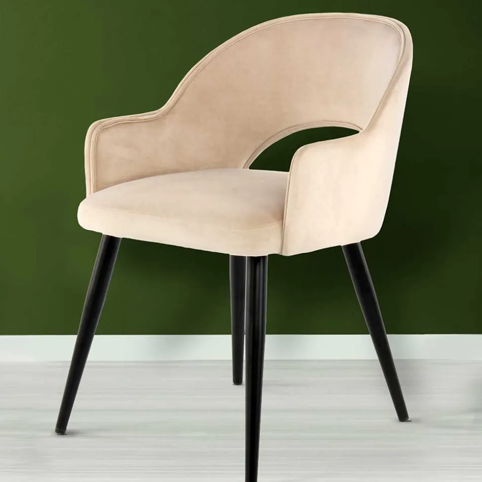 Samt Polsterstuhl mit Armlehnen in Creme - Custon (2er Set)