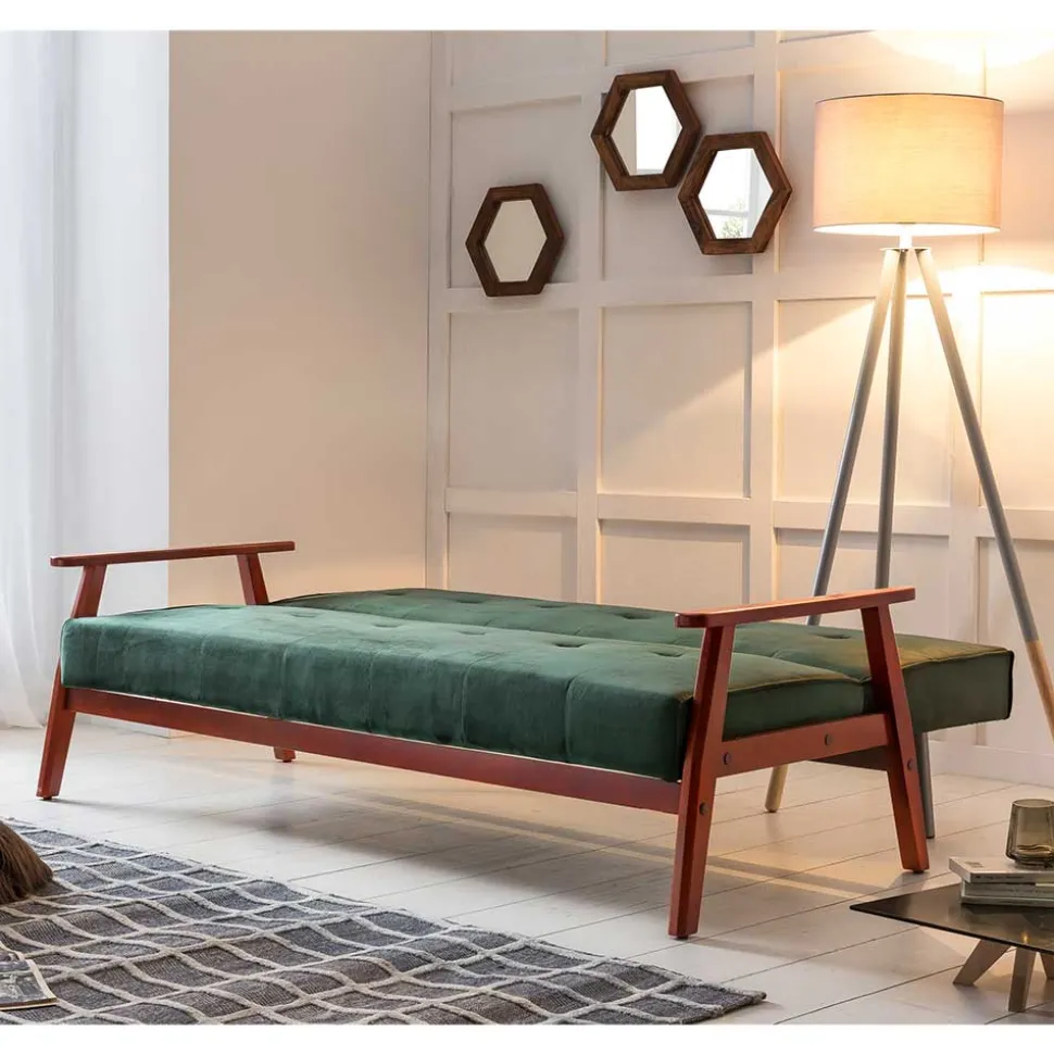 Samt Schlafsofa in Dunkelgrün & Kirschbaum - Sanfernada