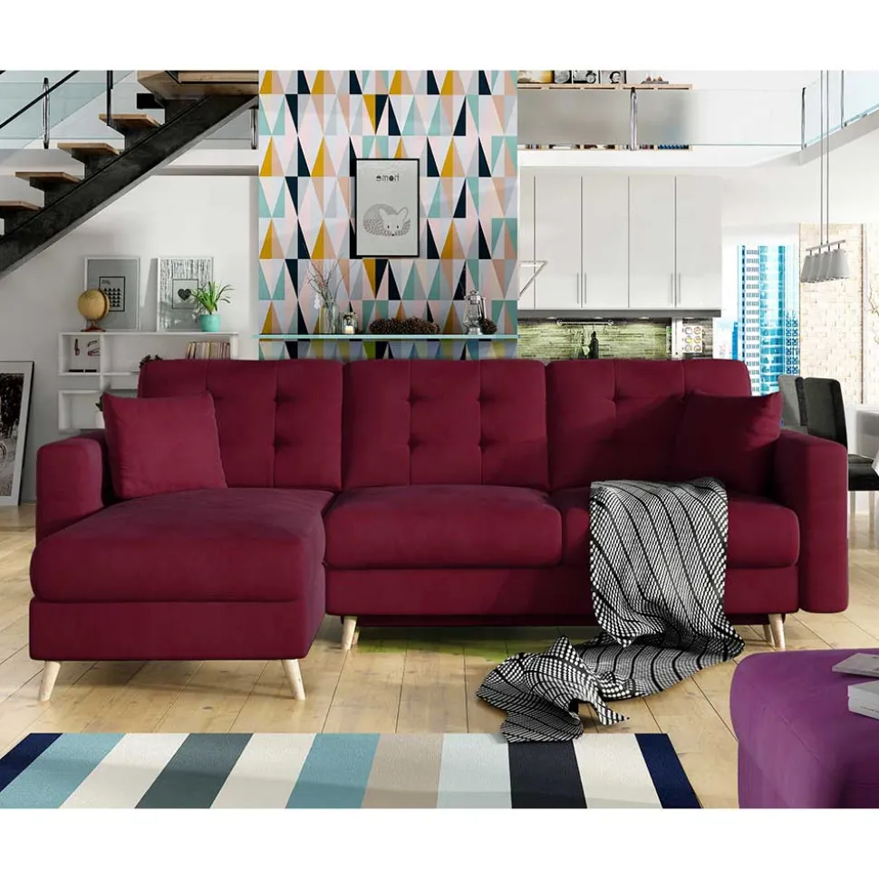 Samt-L-Sofa in Bordeaux Rot - Delphima