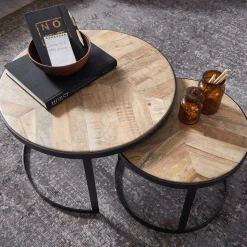 2-Satz Couchtisch mit Holzplatte Rund - Bernesa (zweiteilig)