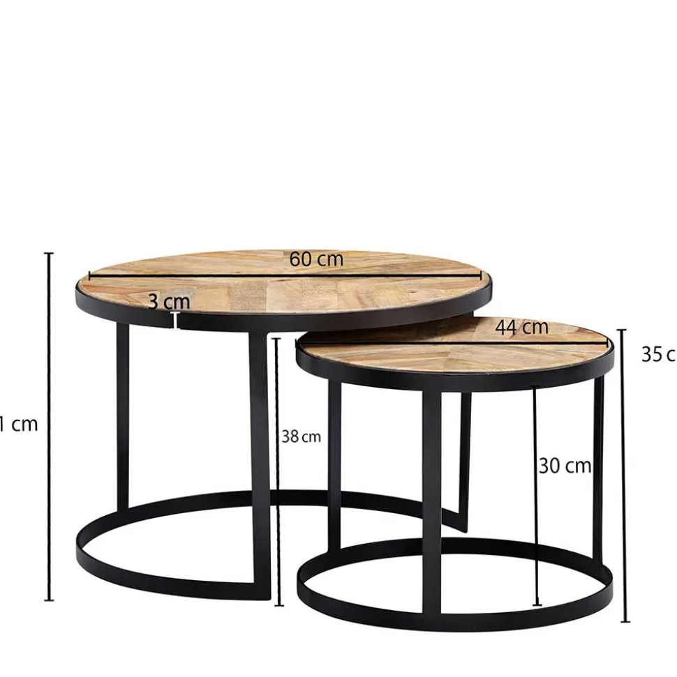 2-Satz Couchtisch mit Holzplatte Rund - Bernesa (zweiteilig)