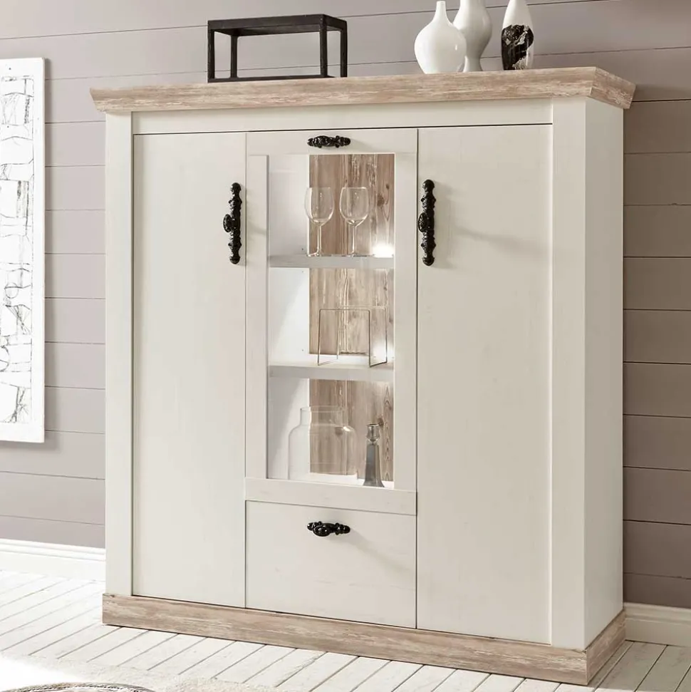 Scandi Landhaus Highboard in Weiß Pinie Shabby Nedita 140 cm breit