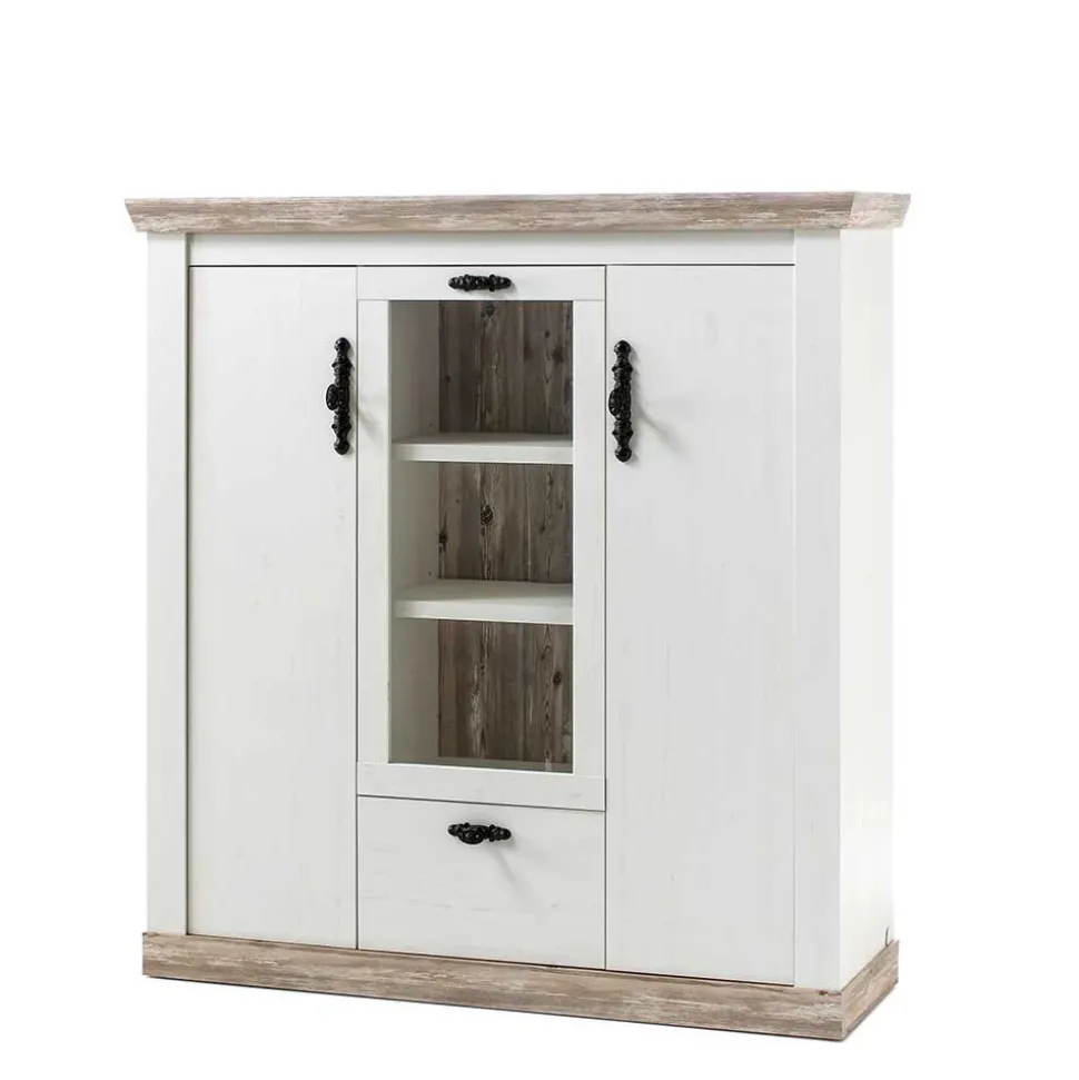 Scandi Landhaus Highboard in Weiß Pinie Shabby Nedita 140 cm breit