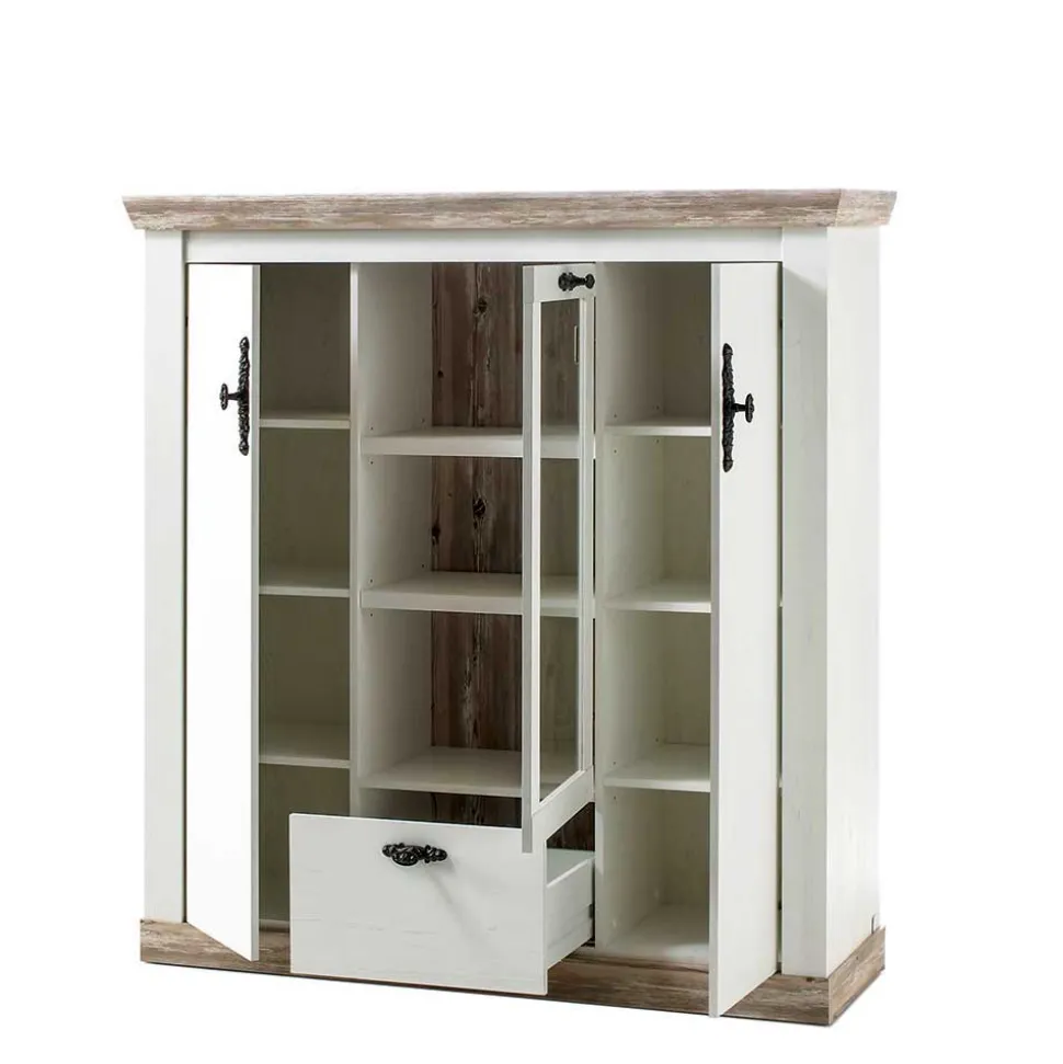 Scandi Landhaus Highboard in Weiß Pinie Shabby Nedita 140 cm breit