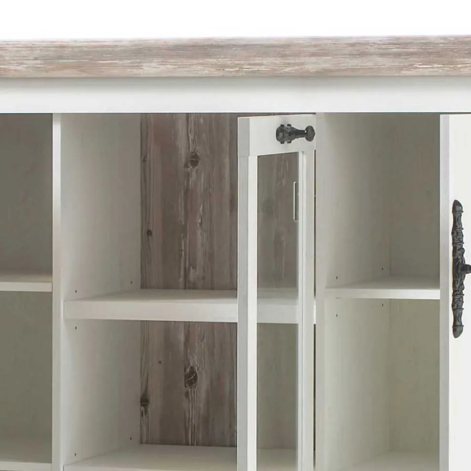 Scandi Landhaus Highboard in Weiß Pinie Shabby Nedita 140 cm breit