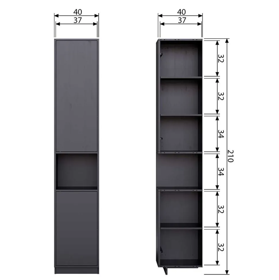 Schmaler Hochschrank in Schwarz Kiefernholz teilmassiv - Niwidus