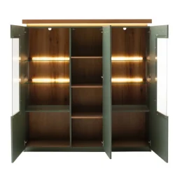 Schrank Vitrine in Graugrün und Eiche - Kwin