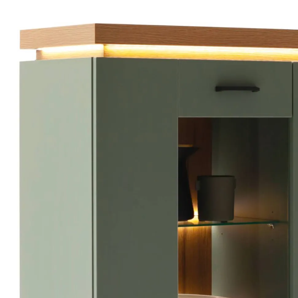Schrank Vitrine in Graugrün und Eiche - Kwin