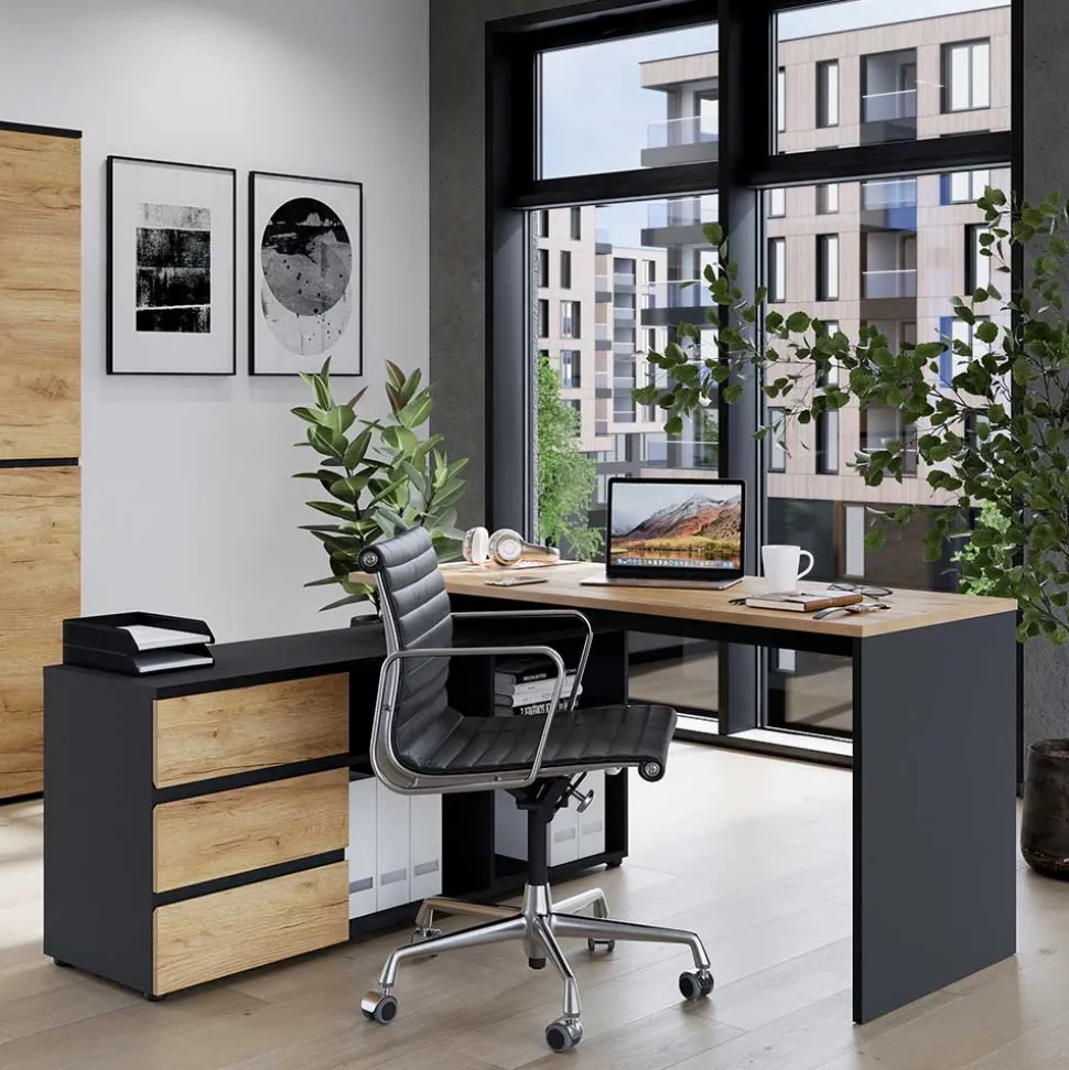 Schreibtisch mit Regal - 4 Fächer & 3 Schubladen - Contrage