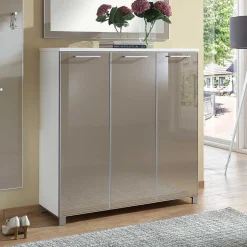 Schuhschrank Srocca in Taupe Weiß Glas beschichtet