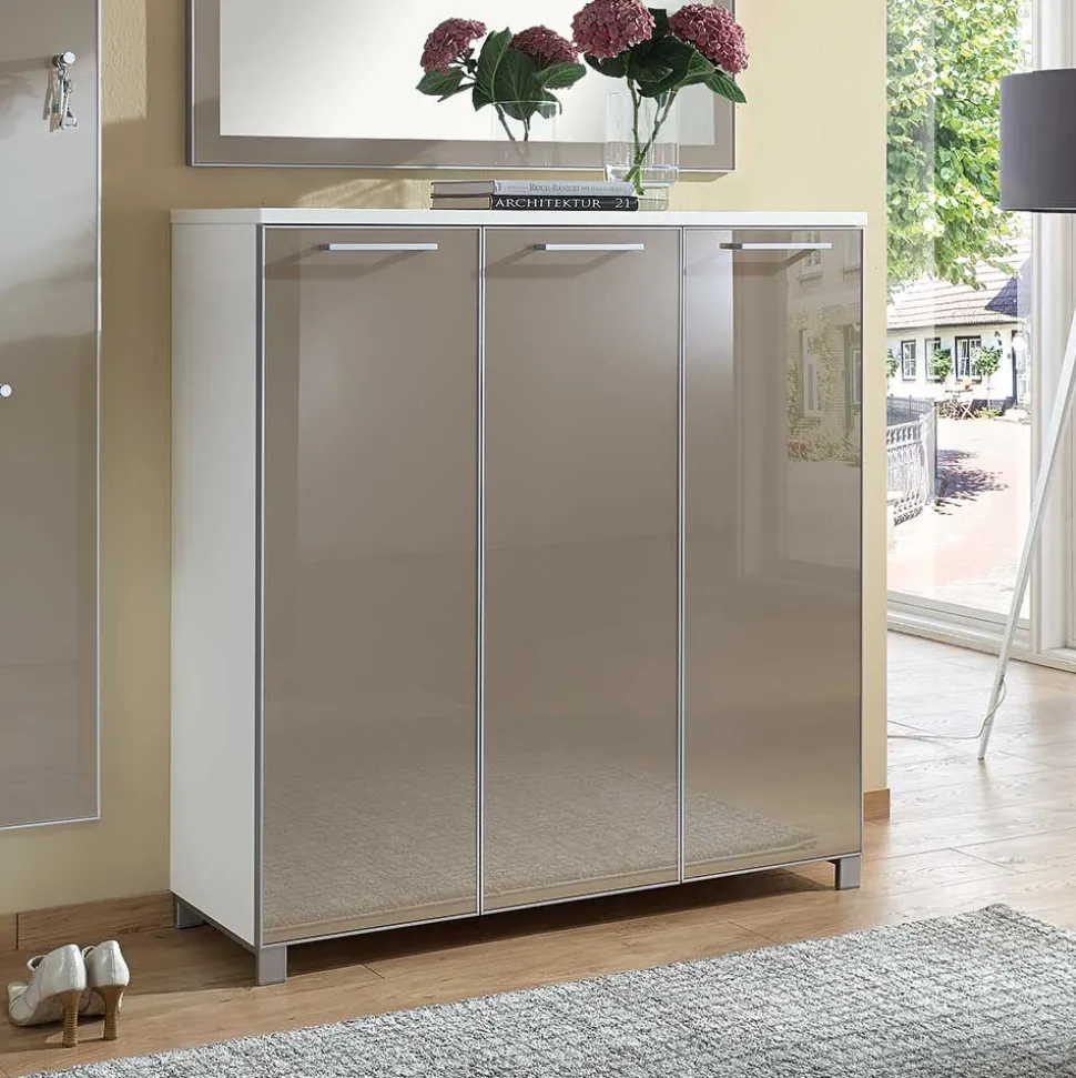 Schuhschrank Srocca in Taupe Weiß Glas beschichtet