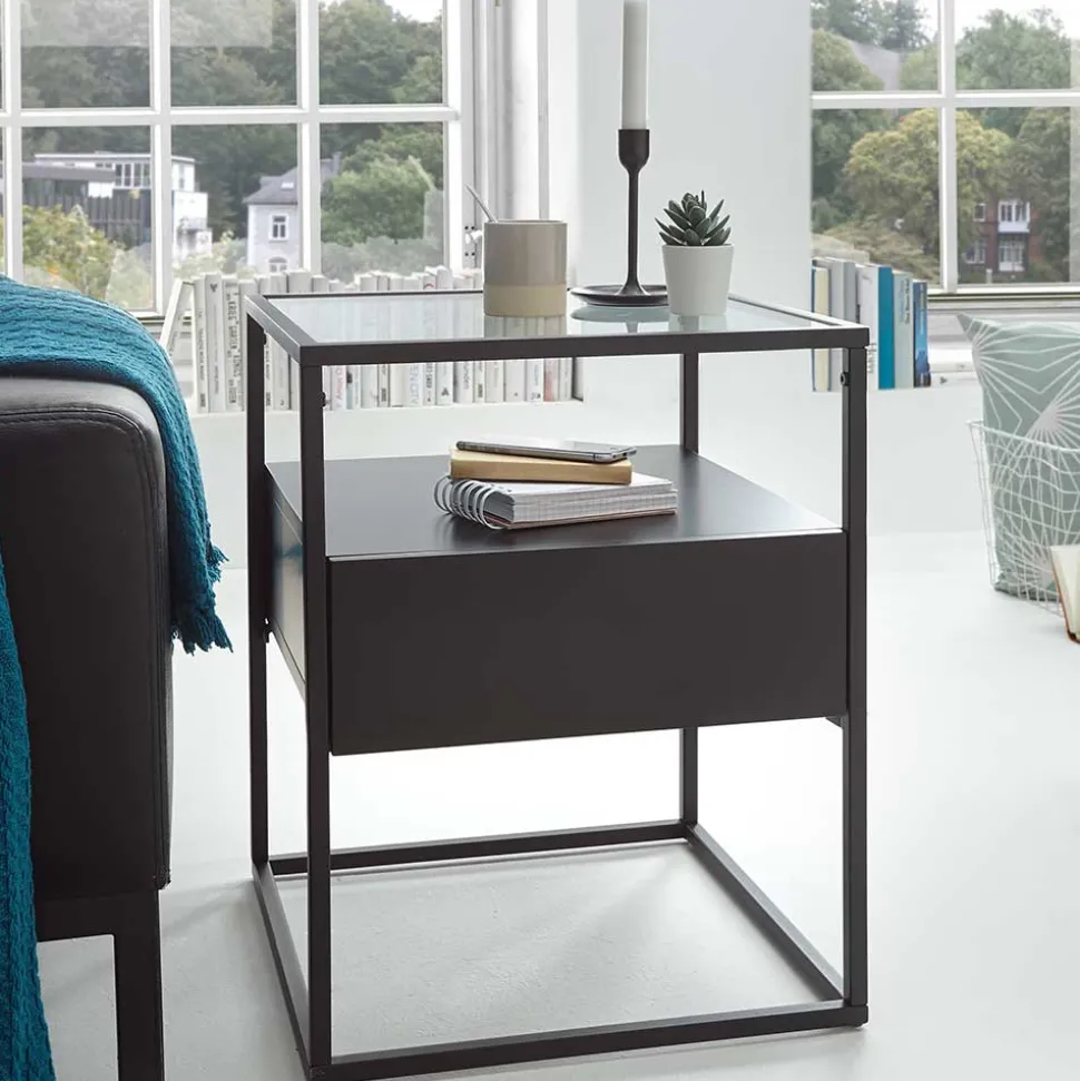 Schwarzer Beistelltisch mit Klarglas Platte - Troketta