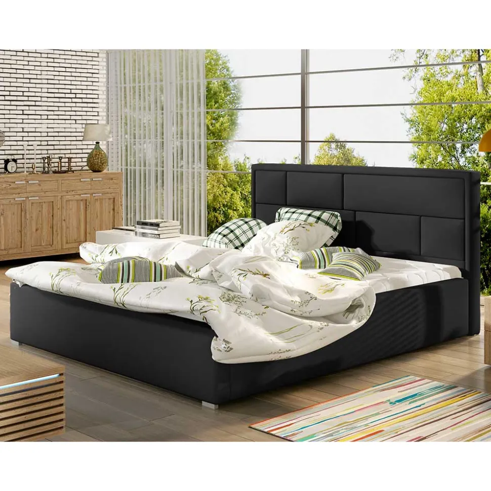 Schwarzes Doppelbett mit Kunstlederbezug - Yemla