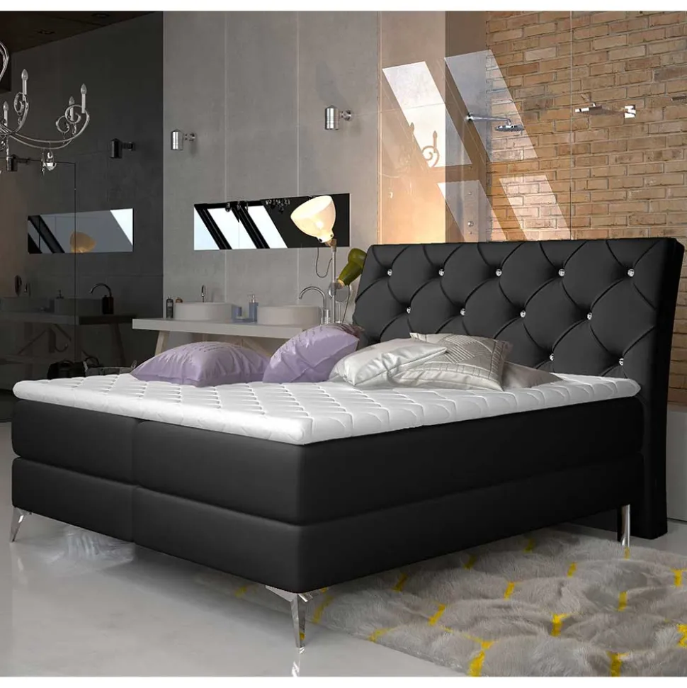 Schwarzes Kunstlederbett mit Matratzen und Topper - Esther