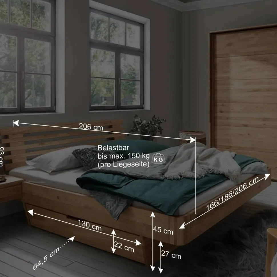 Schwebebett mit Stauraum aus Wildeiche - Zennian
