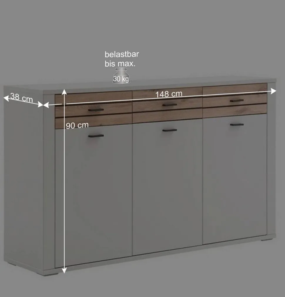 Sideboard in Lichtgrau mit Wildeiche - Ballina